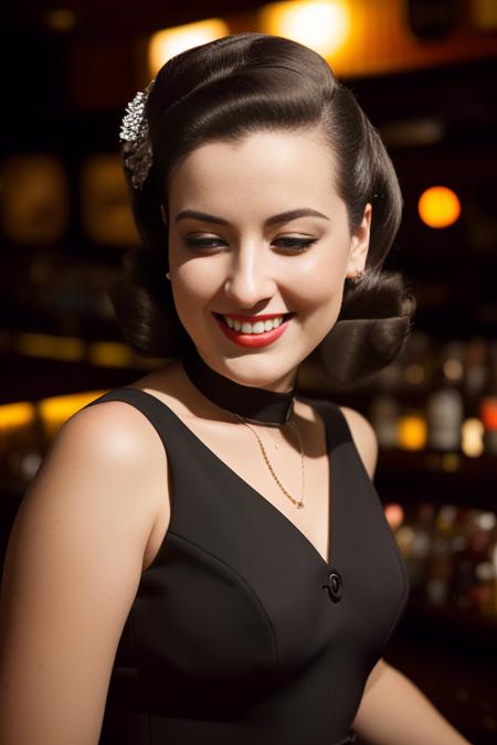 close-up, wide-angle portrait of a giggling 26 y.o.woman (styled in a dark 1940's pencil dress:1.2), (highly detailed face:1.5), (highly detailed skin:1.4), (1940's Pompadour Hairstyle:1.1), (background inside a dark, old, 1940's big-band bar:1.4), (soft studio lighting, volumetric shadows), Kodak Panchromatic Cine Film  <lora:epiNoiseoffset_v2:1>
