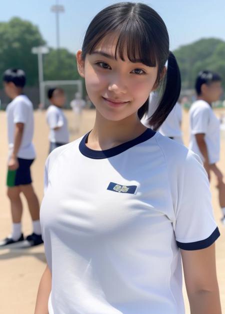 1girl, shirt, solo, gym uniform, realistic, white shirt, buruma