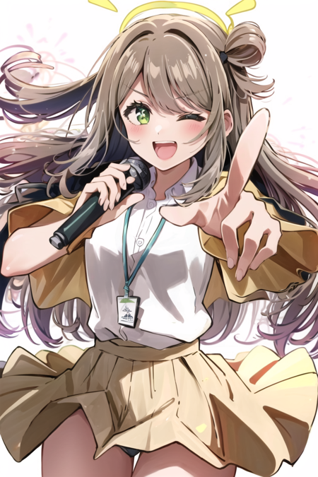 <lora:Hoshino Ai's Pose 2:0.9>, ai's pose, 1girl, solo, smile, open mouth, one eye closed, star (symbol), pointing, microphone, (masterpiece, best quality:1), nonomi, white shirt, pleated skirt, <lora:izayoiNonomi_v1:1>