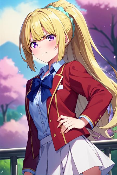 kei karuizawa, yellow hair, long hair, ponytail, scrunchie, purple eyes, school uniform, red jacket, blue bow, white skirt,