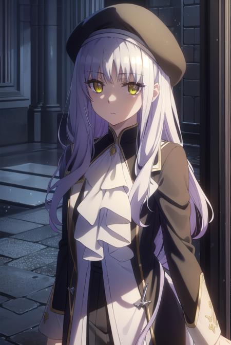 caren hortensia, long hair, (yellow eyes:1.3), white hair, sidelocks, hat, beret, labcoat, (white labcoat:1.2),