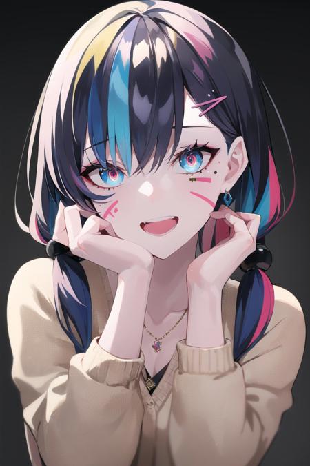 (masterpiece, best quality:1.2), <lora:style_ramdayo-20:1>, upper body, solo, 1girl, facial mark, \:d, looking at viewer, hands on own face, multicolored hair, blue hair, red hair, twintails, hairpin, hair ornament, multicolored eyes, glowing eyes, bright pupils, cardigan, jewelry, pendant, earrings