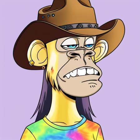 BAYC, portrait, monkey, flat purple background, cartoon, caricature, solo, ape, (anime eyes), long hair, gold stud earring, cowboy hat, golden fur, showing teeth, tie dye t-shirt <lora:BAYC_LoRA:0.65>