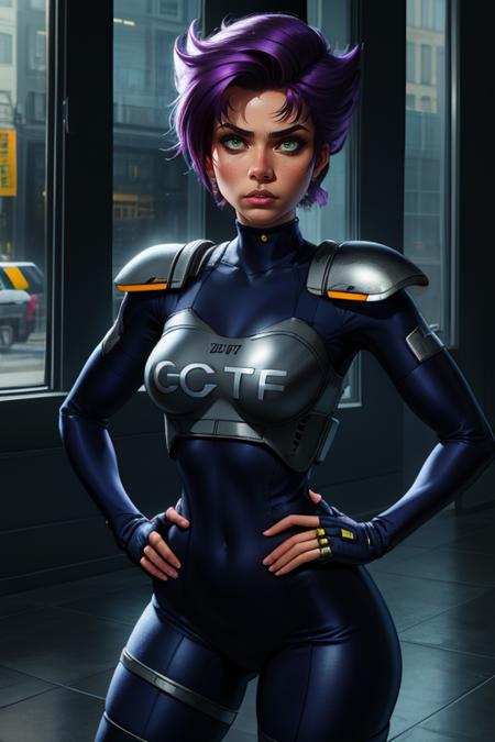 Kanoko, spiked hairstyle, purple hair, (dark-skinned,) green eyes,solo1:2, standing, close up, upper body, hands on hip 
KanArmor, (navy blue tight bodysuit) ,grey shoulder pads, grey knee pads,fingerless gloves,cybercop,
 cyber police station, window, midnight,
 (insanely detailed, beautiful detailed face, masterpiece, best quality)
 <lora:Kanoko-10v3:0.7>