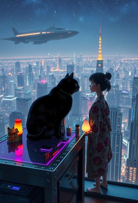 Jiji, the cat from Kiki's Delivery Service sits on a cluttered metal riveted desk with transparent top and rgb led computer components visible inside, On the desk are a maneki neko statue and a lava lamp, Jiji the Black Cat is looking out of a seamless and futuristic floor to ceiling window that looks out at a very high view from an apartment on the 400th floor of a futuristic Tokyo skyscraper, the year is 2250, The city has thousands of enormous wide and tall futuristic skyscrapers and space ships covered with lights in the sky, (((Kiki from Kiki's Delivery Service, 24 years old, is standing next to the cat looking out at the enormous city at night, filled with buildings of many shapes and sizes, some over a mile tall))), Kiki is dressed in an ornate Japanese style bath robe. An enormous deco starship with futuristic lighting and design is visible high above the city, and a space station is visible in the background among the stars, many many small flying personal transports are flying around the city, multiple elevated train tubes are visible moving between large buildings, The woman's hair is messy from just waking up and tied up with a ribbon. Artistic cyberpunk, dynamic perspective, The focus is on Jiji and Kiki standing together looking out the window at the view together, (((overall architectural aesthetic is Art Deco Cyberpunk))).  Mt Fuji can be seen in the far distance,
