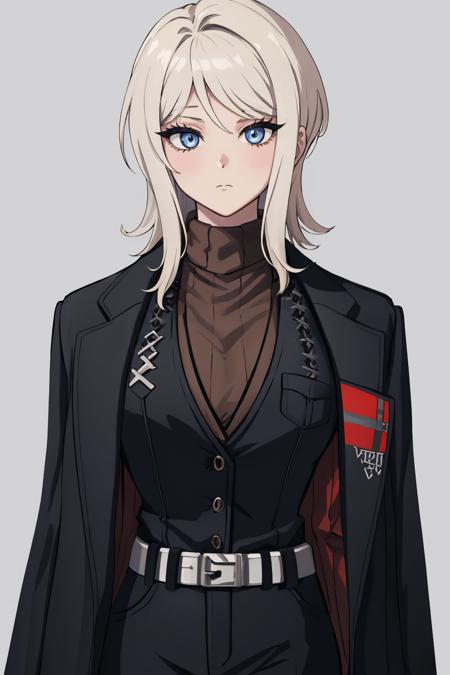 masterpiece, best quality, 1girl, solo, <lora:faust-lc-richy-v1:1> faust, black jacket, jacket on shoulders, turtleneck sweater, long sleeves, vest, belt, closed mouth, looking at viewer