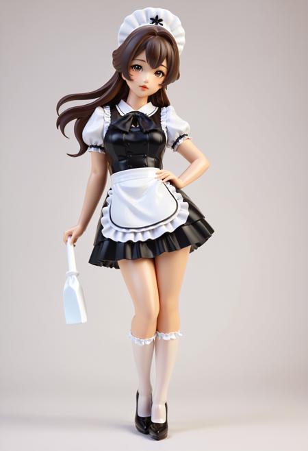 1girl, (asian:1.25) girl, figurine, anime style, dark brown hair, detailed hair, volume hair, radiant eyes, realistic, pretty face, detailed lips, glossy skin, simple background,  maid outfit, stockings, high heel pumps, performing maid duties,