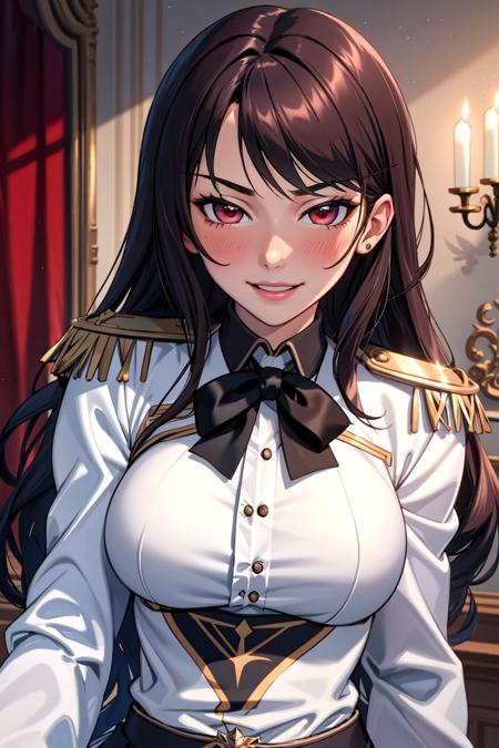 ((Masterpiece, best quality)),edgQuality,smirk,smug,dark hair
edgElegant, 1girl, solo, long hair, breasts, looking at viewer, blush, open mouth, epaulettes,wearing edgElegant
 <lora:edgElegant:1>