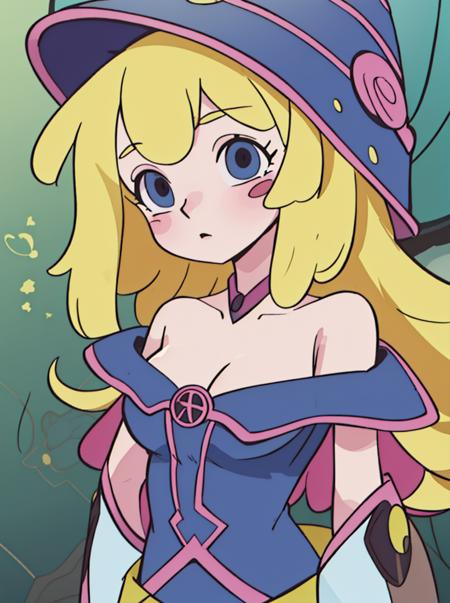 <lora:KaibastyleV1:1> kaibastyle, kaibacharacter, kaibabg <lora:dark_magician_girl_v1:0.8> hmdmg1, wizard hat, blush, blush stickers, cleavage, bare shoulders, dress, off shoulder, (masterpiece:1.5, best quality), 8k wallpaper, highres, high resolution,HDR.UHD,Highly detailed, extreme detail