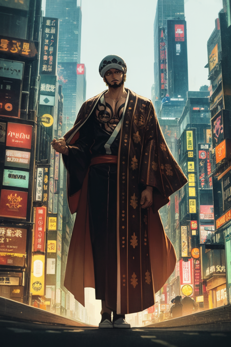 masterpiece, best quality, 1boy, tdlwano, black hair, hat, chest tattoo, earrings, facial hair, long sideburns, goatee, japanese clothes, black kimono, coat over shoulder, looking at viewer, cyberpunk, solo, neon light, night, cyberpunk city background <lora:TrafalgarDLawWano:1>