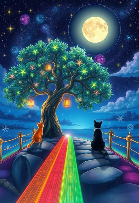 tree,stars,glow,night,cosmic,life,star,xenoblade,chronicles,scenic,desktop,nontextual,matter,abstraction,art,outline,abstract,chibionpu,tableau,arbre,peinture,moon,stars,,glow,fantasy,,night,tree,lantern,picture,color,,clouds,,light,,,,photo,revue,landscape,sylar,rainbow,brilliant,acid,mystic,kits,pink,,petals,,meditaie,,unificrii,conectare,mama,upscale,,number,<lora:wegg:1.0>,Envision a vast, vibrant rainbow bridge spanning a celestial realm. At one end, picture a magnificent orange tabby with medium-long fur,approaching with gentle curiosity. On the opposite side, imagine an althletic sleek tuxedo-patterned cat (95% black), adorned in striking black and white markings, standing with a sense of presence. Reflect on the essence of their encounter amidst the ethereal backdrop, reminiscent of the Rainbow Bridge from Pixar's Coco. The image represents a scene of the orange cat recently dying and leaving the world of the living via the rainbow bridge and seeing his loved one waiting for him on the bridge., wildlife photography, vibrant, architecture, 3d render, cinematic