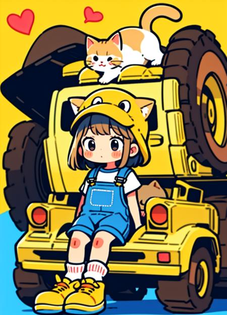 cute comic, 1girl, motor vehicle, cat, hat, yellow background, ground vehicle, overalls, solo, sitting, shoes, blue headwear, short hair, animal hat, yellow footwear, socks, brown hair, heart, blue footwear, black eyes, blush stickers, bangs, no nose, blush 
 <lora:cute_social_Comic-10:0.65>