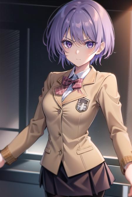 ayasekishimoto, <lora:ayasekishimototest:1>,
ayase kishimoto, short hair, purple eyes, purple hair, narrow eyes, slanted eyes, angry,
BREAK skirt, school uniform, jacket, pantyhose, black pantyhose, blazer, (brown blazer:1.2), (brown jacket:1.2),
BREAK looking at viewer,
BREAK indoors, classroom,
BREAK <lora:GoodHands-vanilla:1>, (masterpiece:1.2), best quality, high resolution, unity 8k wallpaper, (illustration:0.8), (beautiful detailed eyes:1.6), extremely detailed face, perfect lighting, extremely detailed CG, (perfect hands, perfect anatomy),