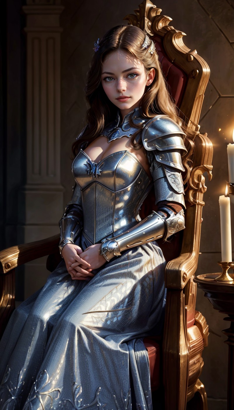 a perfect angle cowboy shot  photo of a woman, macfoy,  posing for the camera, wearing a suit of armor, intricate,  facing...