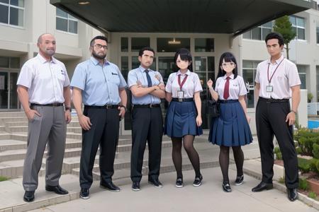 best quality, ultra-detailed, illustration,
genkan, syoukouguchi, necktie, red necktie, skirt, multiple boys, shirt, 1girl, black hair, pants, pantyhose, shirt tucked in, glasses, tree, lanyard, white shirt, shoes, school uniform, belt, id card, building, facial hair, 4boys, short hair, blue skirt, collared shirt, grey pants, holding, phone, black footwear, outdoors
 <lora:syoukouguchi_SD15_V1_DIM4:1>