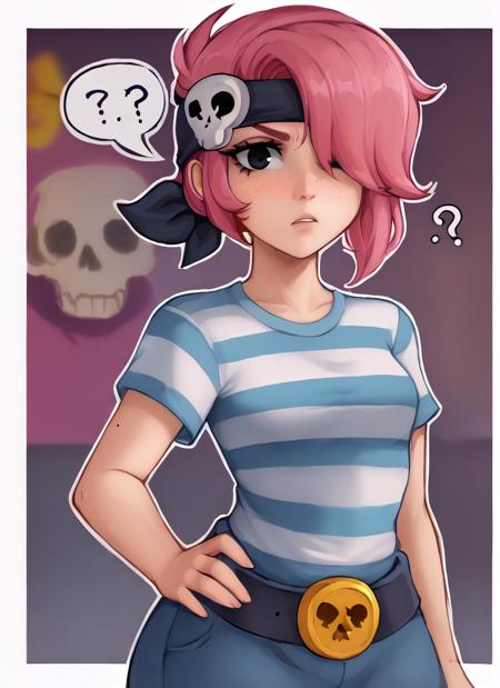 bspenny ,1girl , pink hair , short hair, black eye ,   bandana,  one eye covered ,  skull  ,hairband  ,  , striped shirt, belt,