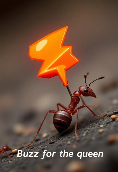 hyperrealistic photograph of an ant carrying on its back a cartoon orange lightning bolt to it's anthill. There is a caption that reads: "Buzz for the queen"
