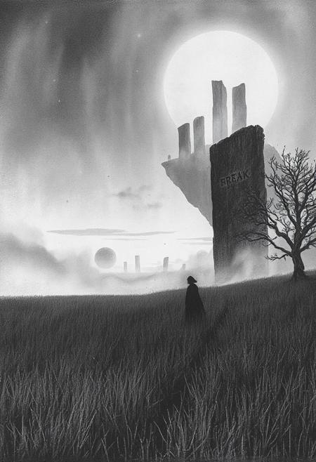 dreamlike landscape at twilight, lone field stretching towards a distant arcane city bathed in ethereal light, (style of Zdzisław Beksiński), haunting allure and surreal beauty radiating from floating stone monoliths etched with forgotten runes, BREAK enigmatic robed figures partially obscured by mist, faces hidden, their silhouettes merging into the ghostly horizon, conveying otherworldly atmosphere and dark symbolic presence, BREAK delicate graphite lines form surreal compositions, symbolic motifs embedded in sky and soil—ghostly trees twist into impossible shapes, stars glimmer like eyes in a fading sky, sketched elegance and mystical elements flow together, a graphite drawing on rough 100% cotton paper, nuanced composition, intricate lines, transcendent beauty, mysterious storytelling, soft contrasts and tonal texture of graphite enhancing the haunting ambiance