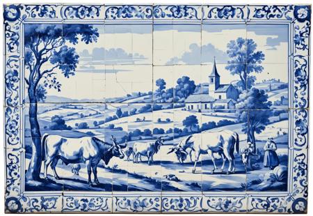 Azulejo. Large tile panel, in blue and white , depicting a bucolic countryside scene, eighteen century, pastoralism