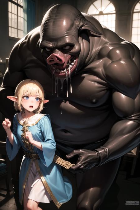 <lora:pig_man_v0.2:1> 
1girl, elf, blonde hair, mature female, fleeing, screaming, 
1boy, ugly man, pigman, horror \(theme\),, masterpiece, best quality, highly detailed