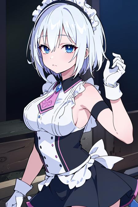 1girl, solo, blue eyes, maid headdress, medium breasts, white hair, white gloves, black skirt, sleeveless shirt, jewelry, <lora:ShirayukiHimeji:0.6>