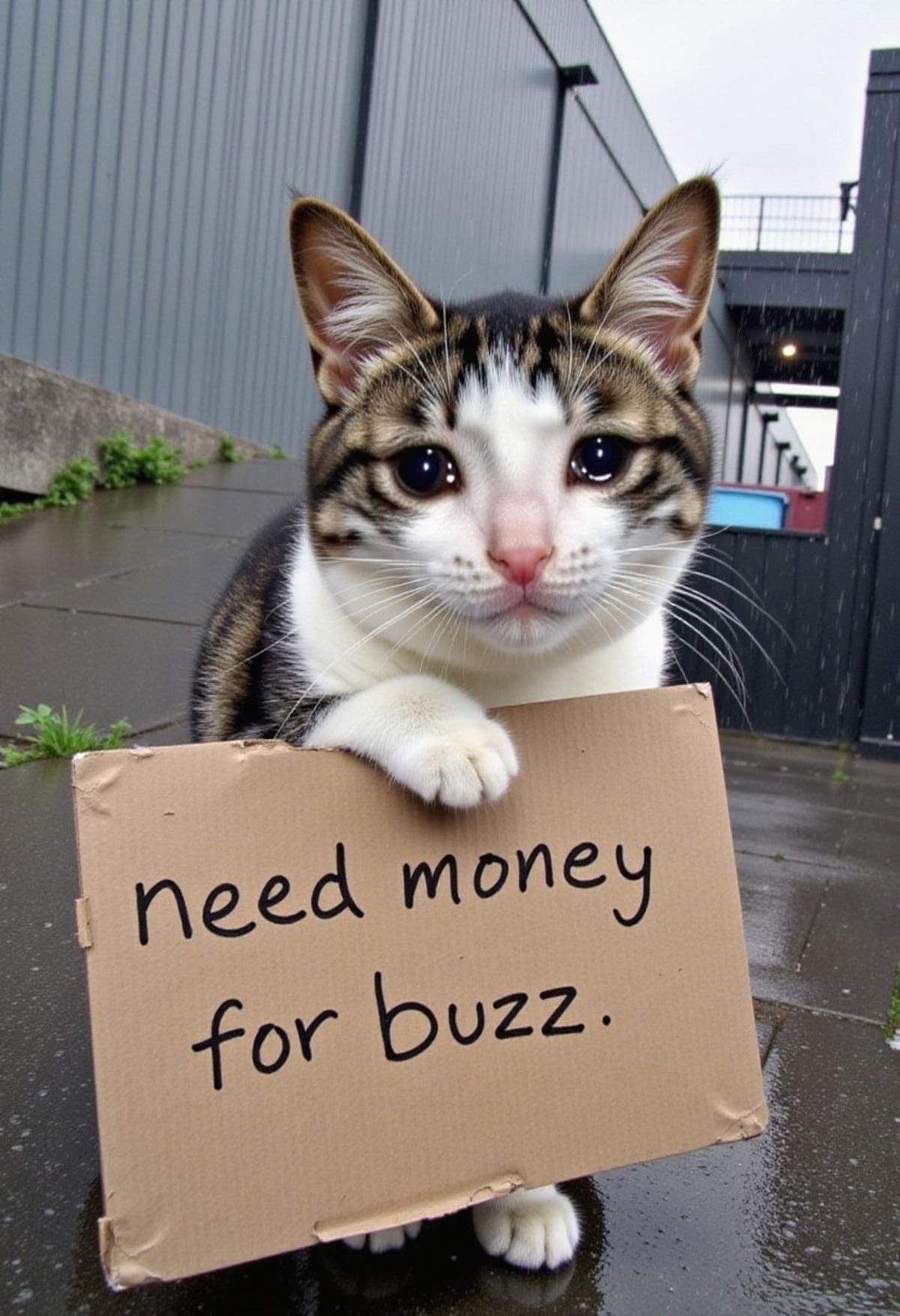 A boring wide-shot Snapchat photo of a crying cat holding a piece of cardboard with the words written with a marker "need money for buzz". This photo was taken during a rain on android phone with a low resolution camera in 2007.