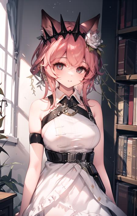 (upper_body), vendela_(arknights), 1girl, solo, petite, light_smile, blush, closed_mouth, bright_pupils, (red_pupils), light_brown_hair, short_hair, animal_ear, fox_ears, hair_flower, hair_ornament, (crown), ((rose)),  thorns, white_dress, (sleeveless_dress:1.2), (bare_arms), (bare_shoulders), arm_strap, chest_belt, belt, white_collar, large_breasts, indoors, sunshine, window_shade, library, bookshelf, standing, ((masterpiece)), (highres), (best_quality), (highly_detailed),  (original),(Delicate background),(extremely detailed 8K wallpaper),cinematic lighting, volume lighting, light particles, glowing_eyes, beautiful_detailed_eyes, depth_of_field, perspective,<lora:vendela2:0.8:lbw=char> ,<lora:ç¥ç§lora K:0.6>