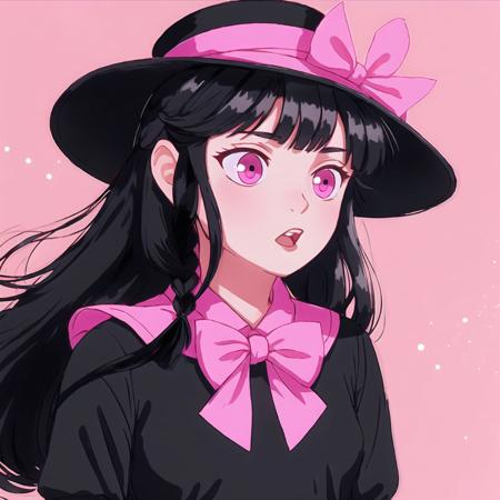 <lora:avas_retro_06-04:1>, 


1girl, bangs, black dress, black hair, bow, braid, closed mouth, dot mouth, dress, full body, hat, highres, long hair, long sleeves, looking at viewer, pink eyes, red bow, red socks, simple background, socks, straw hat, twin braids, white background, zouri