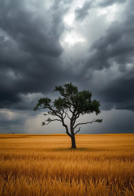 A high-resolution, dramatic photograph of a lone tree standing in the middle of a golden field of tall, swaying grass. Above, dark, stormy clouds dominate the sky, with a break in the clouds allowing a glimpse of light to shine through, creating a striking contrast between the dark sky and the illuminated landscape. The scene is moody and atmospheric, evoking a sense of impending storm and the beauty of nature's raw power. The tree, with its gnarled branches and dark leaves, stands as a focal point against the vast, turbulent sky.
