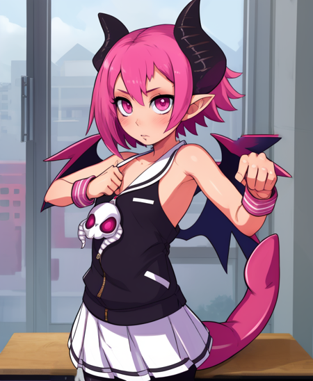 Raspberyl,pointy ears,black horns,pink eyes,solo,cute expression,
white sailor collar,zipper,white skirt,wrist cuffs,bat wings,demon tail,skull,bare shoulders,sleeveless,
standing,flat chest,
upper body,classroom,windows, pantyhose, 
(insanely detailed, beautiful detailed face, masterpiece, best quality),<lora:Raspberyl:0.8>,