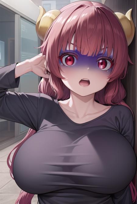 dragonilulu, <lyco:ilulu-lyco-nochekaiser:1>,
ilulu, curled horns, horns, long hair, multicolored hair, purple hair, (red eyes:1.5), red hair, (slit pupils:1.5), (large breasts:1.2), <lora:paleface_v100:1>, open mouth,
BREAK black shirt, (long shirt:1.5), black thighhighs, collarbone, shirt, short sleeves, thighhighs, wide sleeves, zettai ryouiki,
BREAK looking at viewer, upper body, fully body,
BREAK indoors,
BREAK <lyco:GoodHands-beta2:1>, (masterpiece:1.2), best quality, high resolution, unity 8k wallpaper, (illustration:0.8), (beautiful detailed eyes:1.6), extremely detailed face, perfect lighting, extremely detailed CG, (perfect hands, perfect anatomy),