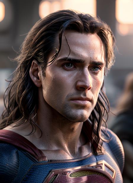 timeless style,  masterpiece, best quality, 8k, artstation, sharp focus, ultrarealistic, high details, raw photo portrait of nc1, superman, long hair,   perfect face, perfect eyes, volumetric lighting, depth of field, cinematic lighting, 
 <lora:NicolasCage-10:0.8>