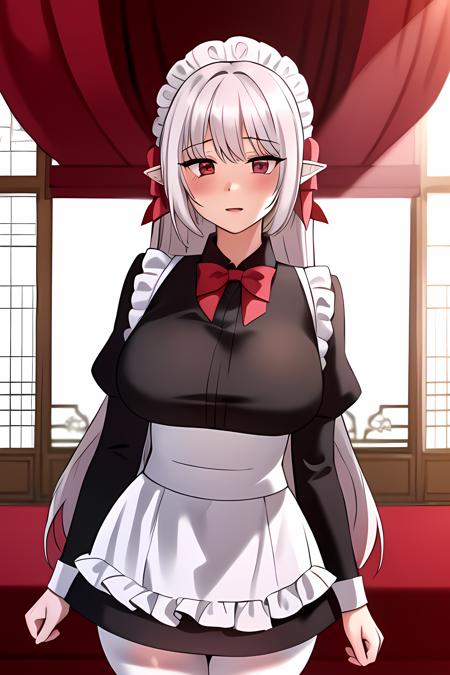 ((masterpiece, best quality)),1girl,standing,solo,indoors,blush,elf, blush,large breasts, long_hair, dress,maid, maid_apron, maid_headdress, pointy_ears, red_bow, red_bowtie, puffy_sleeves,red_eyes,(white_legwear),shiny_skin,,,,,, ,extremely detailed CG unity 8k wallpaper, perfect lighting,Colorful, Bright_Front_face_Lighting,White skin, (masterpiece:1.0),(best_quality:1.0), ultra high res,4K,ultra-detailed, photography, 8K, HDR, highres, absurdres:1.2, Kodak portra 400, film grain, blurry background, bokeh:1.2, lens flare, vibrant_color,professional photograph,bow breasts,(Beautiful large_Breasts), (beautiful_face:1),(narrow_waist),Beautiful Finger,Beautiful long legs,Beautiful body,Beautiful Nose,Beautiful character design, perfect face,perfect balance,(2d)