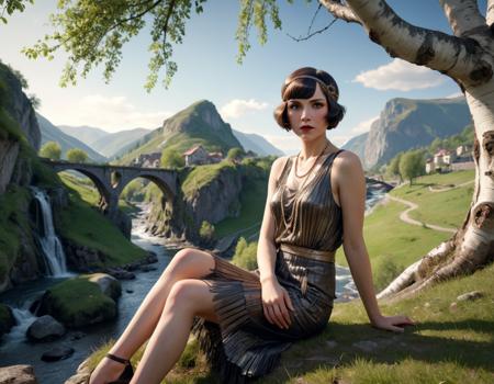 woman wearing 1920s flapper clothes, sitting beneath a three huge twisted ancient birch trees on a grassy and rocky hillock, small european village in background, stream with bridges over it, mountains and waterfalls, magnificent sky, detailed face, <lora:add-detail-xl:3>, photo, (highly detailed skin:1.2), (professional photo:1.2), (Film Photography:1.3), (4k ultra detailed), ultra realistic, best quality, (subsurface scattering:1.1), volumetric lighting, clear focus, masterpiece, 64k, UHD, HDR, digital photography, backlighting