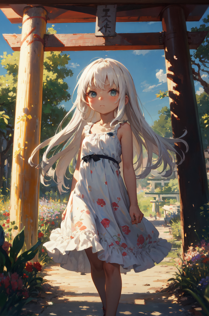 1girl, monet color, standing, torii, floral print, sundress, close shot, white hair, long hair, the whole body, oil painti...