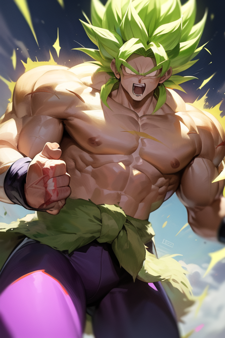 broly legendary super saiyan green hair spiky hair white eyes muscular tall face scar left arm scar bicep scar green fur pelt draped around the waist black bracelets tight purple pants