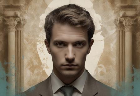 A surreal and artistic portrait of a man, designed in a collage style with a focus on classical architectural elements. The man's face ( front facing face ) is partially abstract, fragmented, and painted in muted yet striking shades of sepia, bronze, and teal, emphasizing a timeless aesthetic. Surrounding the face are intricate architectural motifs, including grand arches, ornate pillars, and stained glass windows with intricate patterns glowing softly. Subtle hints of vintage urban maps and textures are layered in the background, blending seamlessly with aged parchment and faint ink sketches of ancient cityscapes. Floral elements are minimal, limited to a few muted olive and gold ivy vines intertwined with the architecture. The composition is balanced with splashes of metallic gold and soft cream tones to add depth, with scattered ink splatters and delicate, hand-drawn filigree to enhance the classical theme. The background is textured with faint gradients, transitioning from soft cream to warm, earthy hues. The overall design conveys a sense of history, sophistication, and introspection.