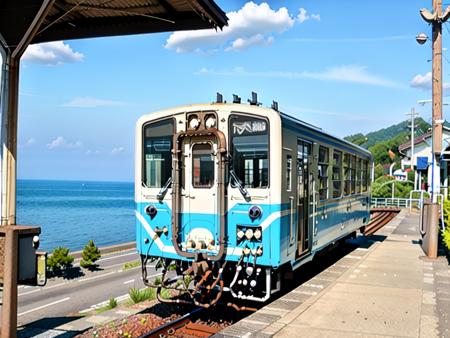 masterpiece, best quality, ultra-detailed, illustration,
shimonadaeki3, kiha32, train, outdoors, scenery, day, sky, ground vehicle, ocean, blue sky, power lines, sign, cloud, plant, railroad tracks, horizon, water, road, train station, realistic, photo (medium), photo background, real world location, platfrom, train station
 <lora:ShimonadaEki_V4:1>