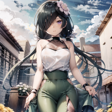 mochizuki_chiyome a girl with long hair in an outfit, 1girl, solo, eyepatch, long hair, breasts, black hair, purple eyes, dual wielding, fishnets, very long hair, looking at viewer,  a person holding on to a flower in a skirt and top, in anime style, 1girl, solo, twintails, eyepatch, purple eyes, long hair, black hair,