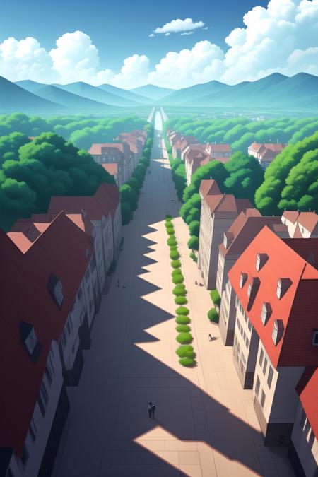 manhwa-scenery, pov from sky, bird's eye shot, scenery, sky, day, outdoors, cloud, no humans, house, building, window, blue sky, mountain, tree, town, stairs, road, city, cityscape, door, architecture, bridge, 6+boys, balcony, fantasy