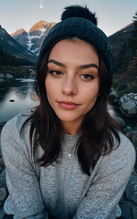 photorealistic, best quality, hyper detailed, beautiful woman, selfie photo, upper body, solo, wearing pullover, outdoors, (night), mountains, real life nature, stars, moon, (cheerful, happy), sleeping bag, gloves, sweater, beanie, flashlight, forest, rocks, river, wood, smoke, fog, clear sky, analog style, looking at viewer, skin texture, film grain, close up, ultra high res, best shadow, RAW, instagram LUT