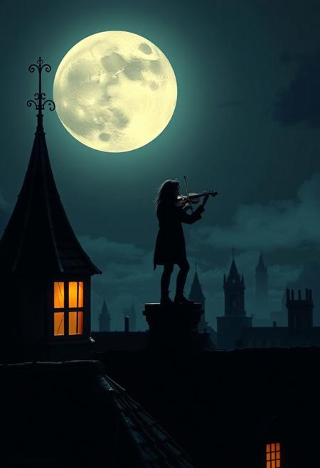 fiddler on the roof, gothic rooftops, full moon, bright moonlit scene