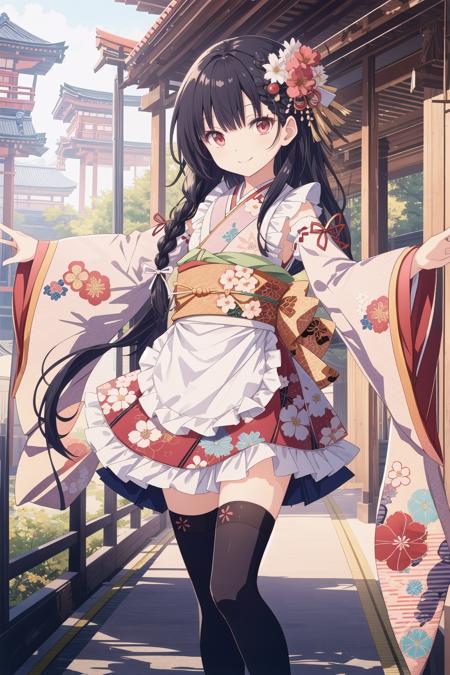 pixai,  intricate details, highres, best quality, HDR,
dynamic pose,
<lora:add_detail:0.1> ,<lora:outline:-0.1>,
outdoor,
smile,
(Standing with one foot on tiptoe),
(outstretched arms:1.2),
BREAK,
single braid hair,
black  hair,
red  eyes,
(flat chest:1.1),
 <lora:cute_kimono_N_V1_1-000010:0.7>,
frills, japanese clothes, hair flower,wide sleeves, kimono, white thighhighs, zettai ryouiki, floral print, skirt,detached sleeves, 
apron,