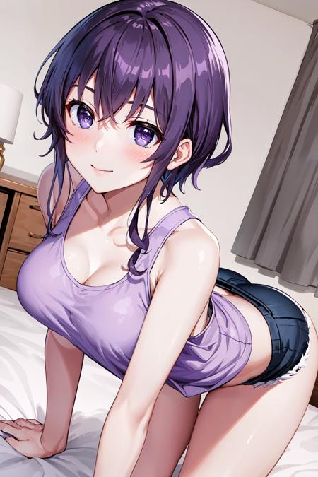 (masterpiece, best quality:1.4), solo, looking at viewer, cowboy shot, smile, blush, michiru hyodo, purple hair, short hair with long locks, purple eyes, tank top, short shorts, on bed, indoors, <lora:michiru_hyodo_v1:0.7>