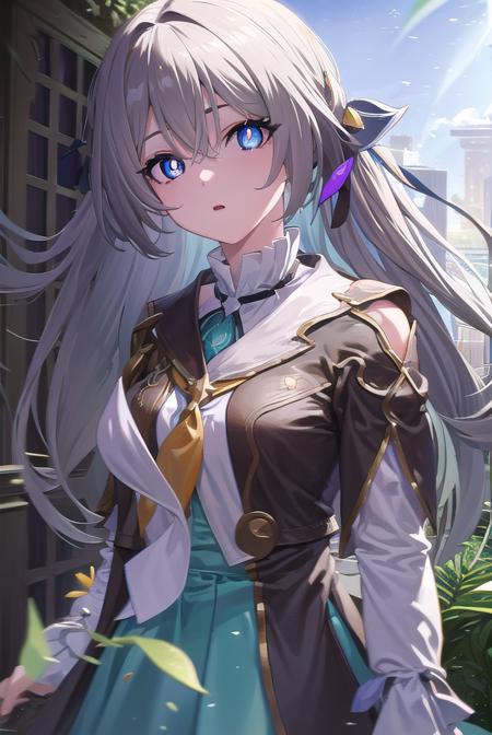 firefly, (purple eyes:1.3), grey hair, butterfly hair ornament, hair ornament, hair intakes, long hair, (bright pupils:1.5), black socks, blue dress, blue socks, dress, shoes, socks, two-tone dress, two-tone socks, white dress, long sleeves, hair band,