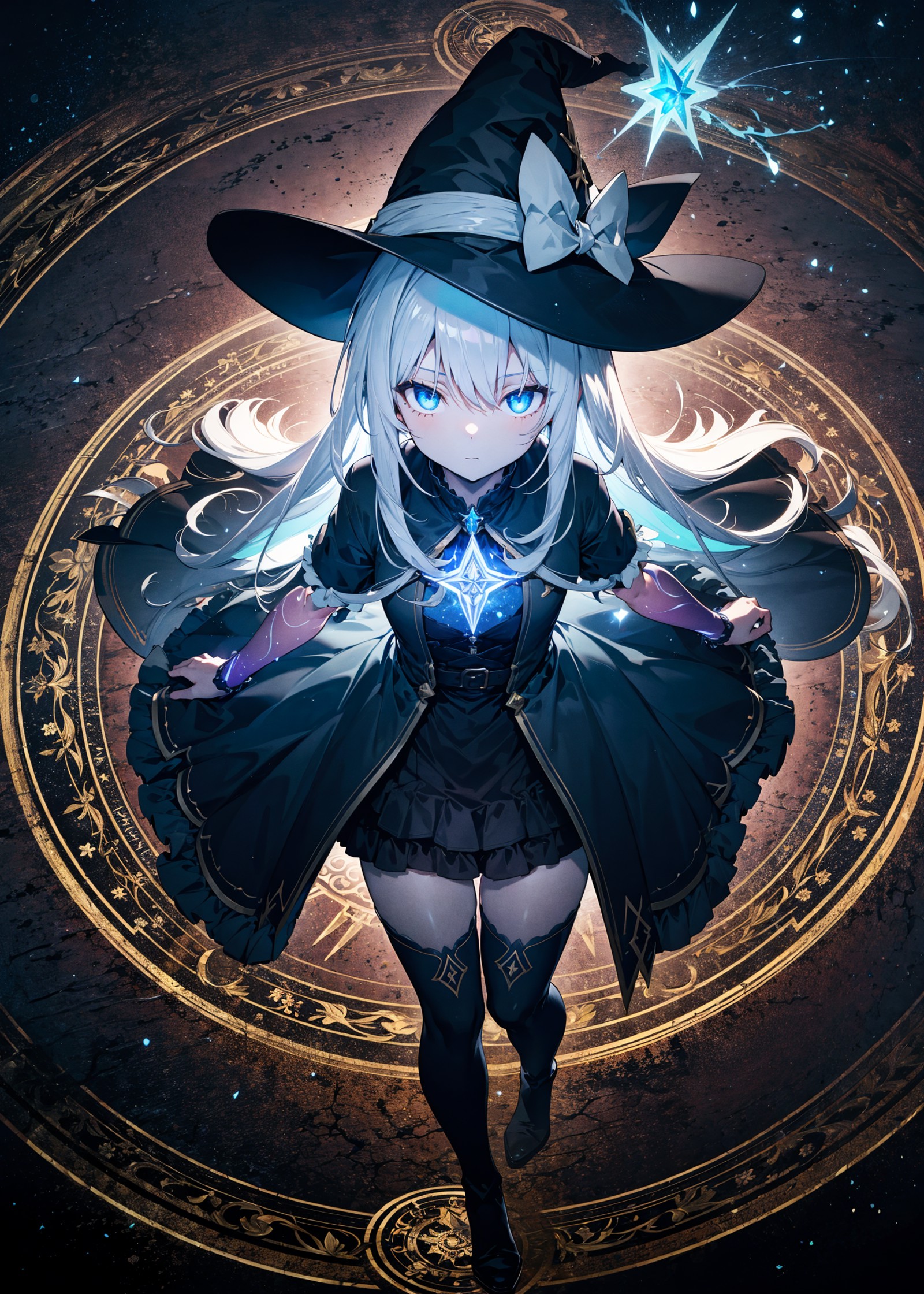 1girl, solo, stand up, Grimoire, aura outline, absurdly long hair, white hair, one side up, witch hat, witch dress, skirt,...