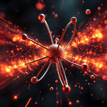 3d atoms colliding together, electrons on orbits, nucleus, explosions, fire lights