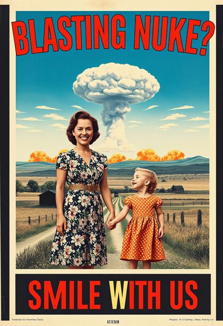 “A striking vintage-style poster capturing a surreal 1957 American country scene. Central to the composition, a woman in a floral-patterned 1950s dress stands holding her young daughter’s hand, her wide, mad smile radiating an unsettling charm. In the far distance, a towering nuclear mushroom cloud rises against a vivid blue sky, with fiery orange fireballs at its base and concentric blast waves rippling through the landscape. The design features bold typography: ‘BLASTING NUKE?’ in large, striking letters across the upper section, while the lower section invites viewers with the phrase ‘SMILE WITH US’ in a classic mid-century font. The Panavision-style composition lends cinematic depth, making this a visually captivating piece.”