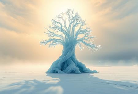 icy landscape. A gigantic ice sculpture shaped like a tree stands at the center, its transparent branches reaching skyward. Soft washes of sunlight spill through the ice, creating gentle reflections in the snow-covered ground. brings a dreamy, fluid quality to the scene, with soft blues and golden yellows blending harmoniously.