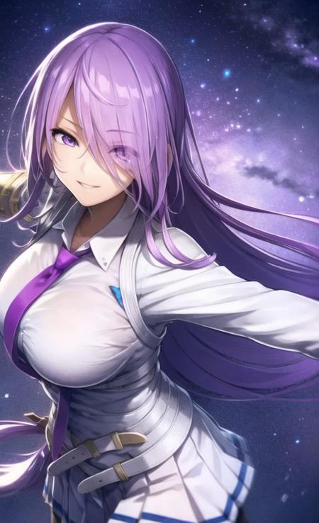 1girl, long hair, solo, skirt, purple eyes, necktie, breasts, purple hair, weapon, very long hair, white skirt, polearm, smile, large breasts, pleated skirt, low-tied long hair, holding, looking at viewer, thighhighs, shirt, purple necktie, hair over one eye, holding weapon, white shirt, eyes visible through hair, spear, belt, long sleeves, ((masterpiece)), (((best quality))), ((ultra-detailed)), ((illustration)), finely detail, extremely detailed CG unity 8k, highres, beautiful detailed eyes, finely detail, beautiful detailed eyes,  <lora:lightAndShadow_v10:0.8> ,starry sky, moon ball,